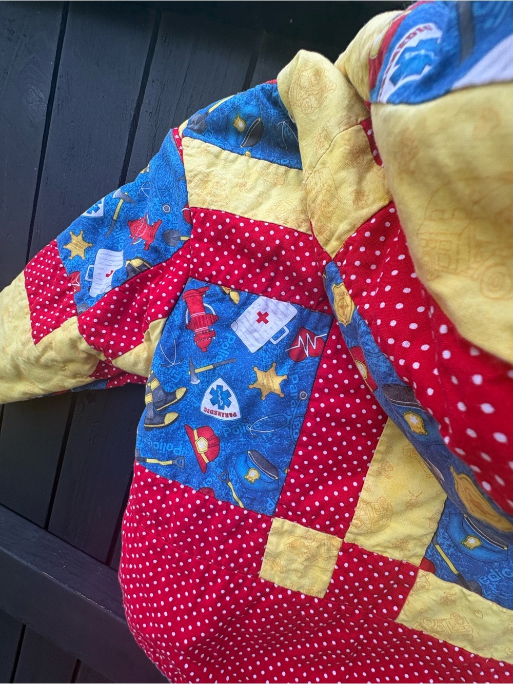 Upcycled Patchwork Quilted Kid's Hoodie - Red, Blue & Yellow 2T/3T - Picture 7 of 7